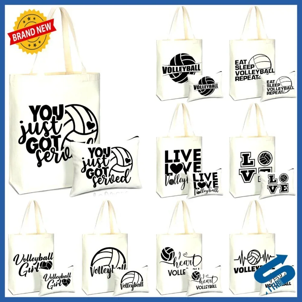 Volleyball Themed Canvas Tote and Cosmetic Bags Set Sports Team Gift Travel